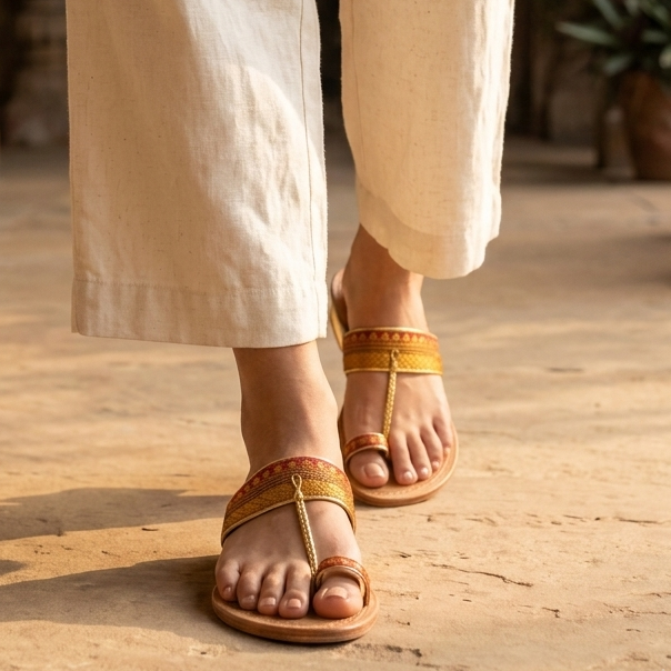 Women's Orange Paithani Kolhapuri Heels